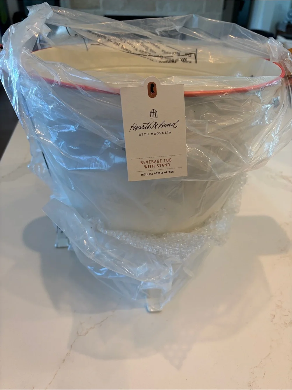 NWT Hearth & Hand off white Beverage Tub with orange Handles and Bottle Opener